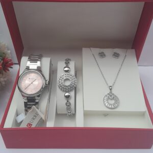 Silver ladies watch and jewelry set with pink dial