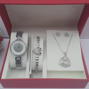 Ladies Silver 3-in-1 Jewelry Set with Pink Dial Watch
