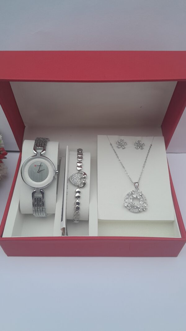 Ladies Silver 3-in-1 Jewelry Set with Pink Dial Watch