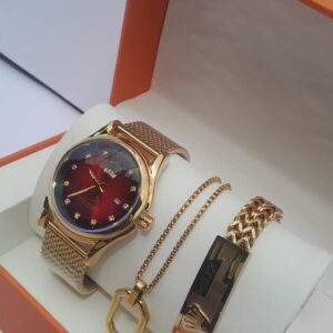 Men’s gold 3-in-1 jewelry set with red dial watch