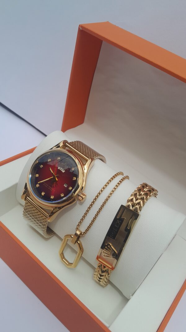 Men’s gold 3-in-1 jewelry set with red dial watch