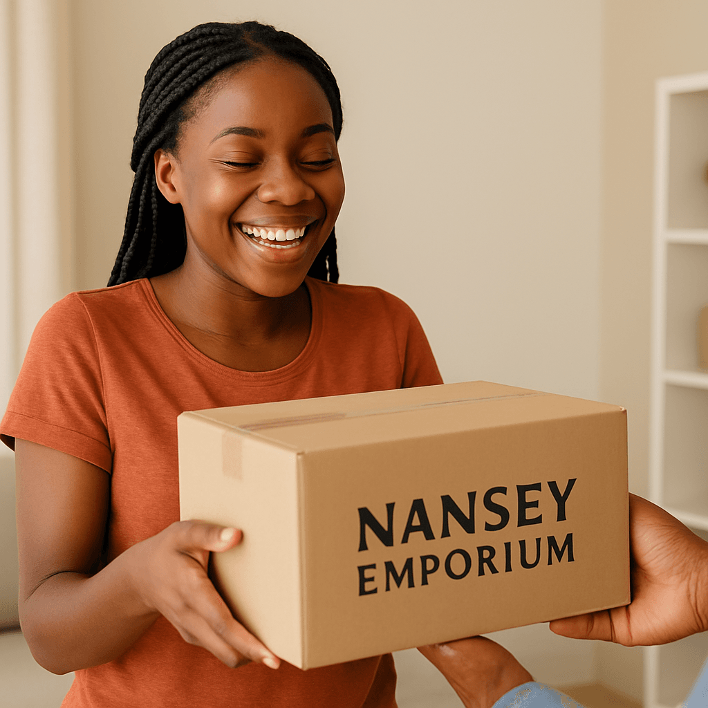 Happy African woman receiving a Nansey Emporium package with a big smile.