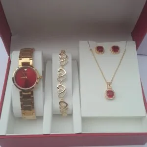 3-in-1 Ladies Gold Jewelry Set Red Dial