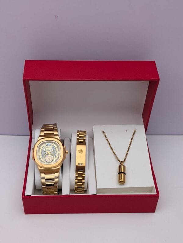 Noble Shine Men’s Gold 3-in-1 Jewelry Set – Watch, Chain & Bracelet Combo