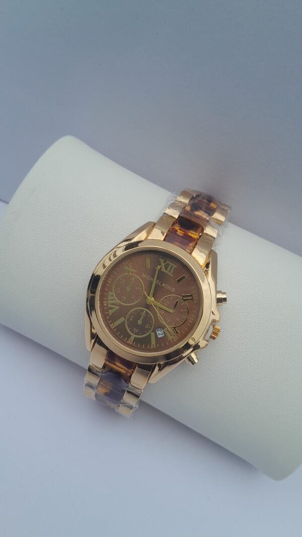 Ladies gold digital watch with brown line accent