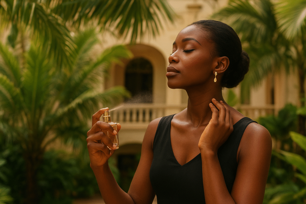 Woman wearing long-lasting perfume in Accra Ghana tropical climate