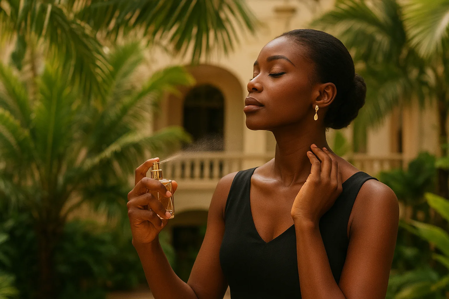 Woman wearing long-lasting perfume in Accra Ghana tropical climate