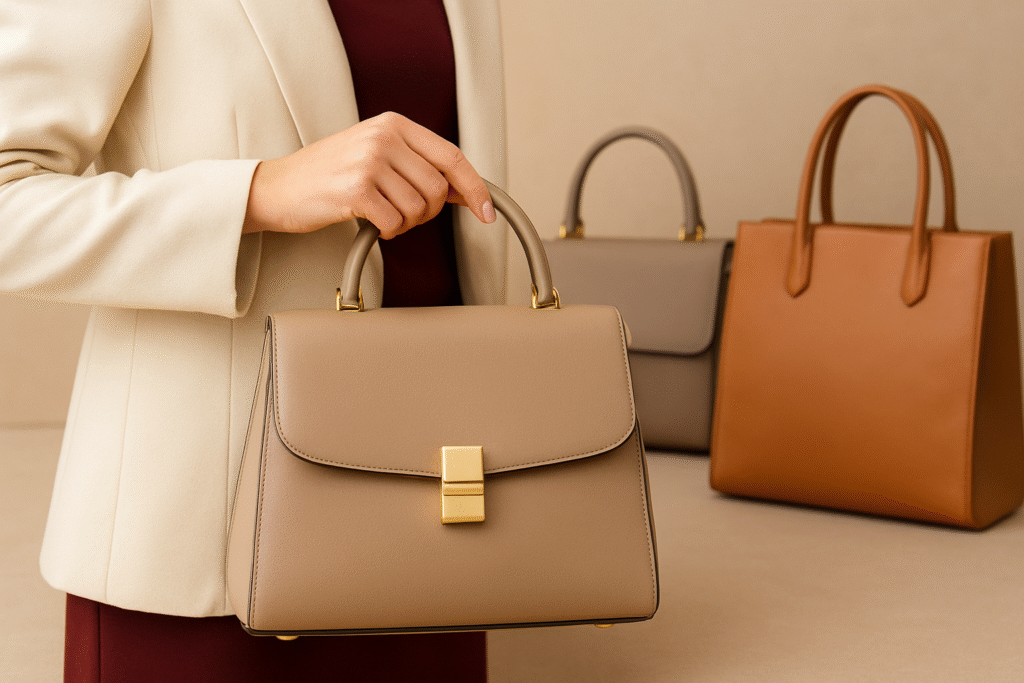 Handbags displayed as a flat-lay or lifestyle shot with props.