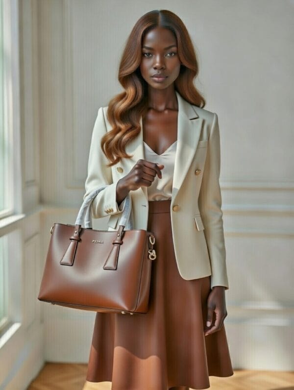 Model holding brown leather bag