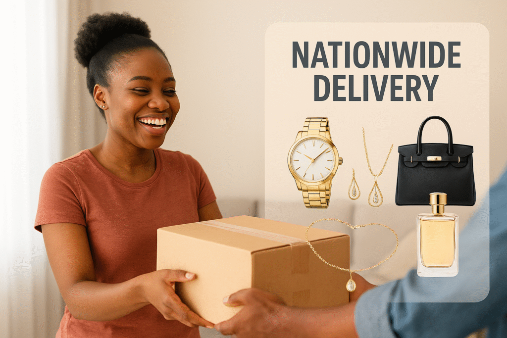 A satisfied Nansey Emporium customer receiving their delivery package in Ghana.