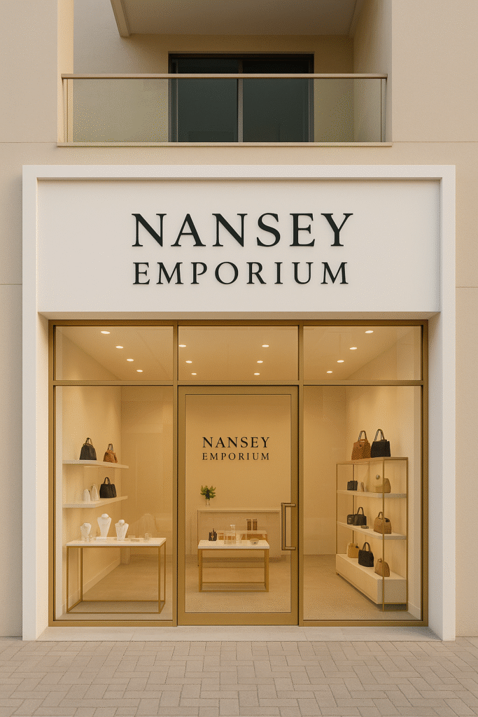 Nansey Emporium storefront in Accra Ghana showcasing luxury watch and jewelry displays