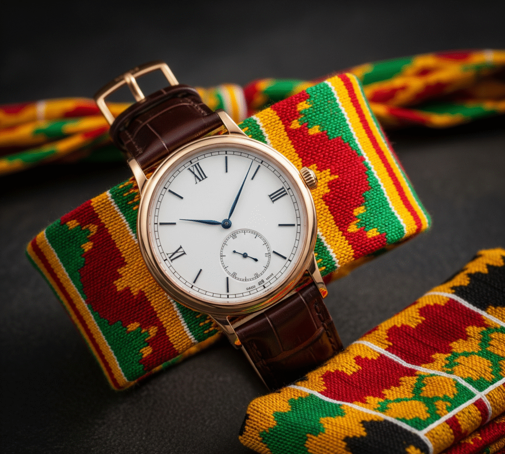 Elegant dress watch paired with traditional Ghanaian kente accessories