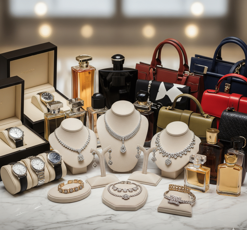 Collection overview showing jewelry sets, watches, handbags, and perfume bottles arranged elegantly