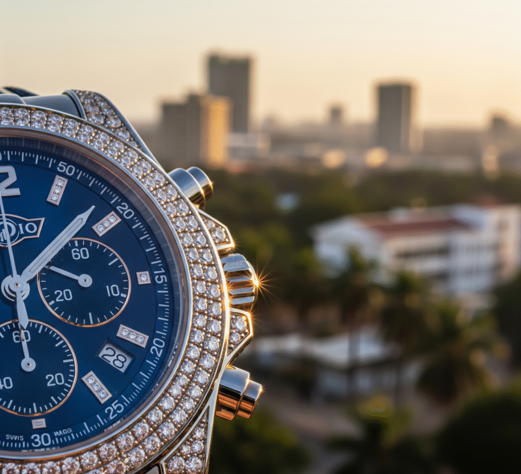 Diamond-accented luxury watch catching sunlight with Accra cityscape blurred in background