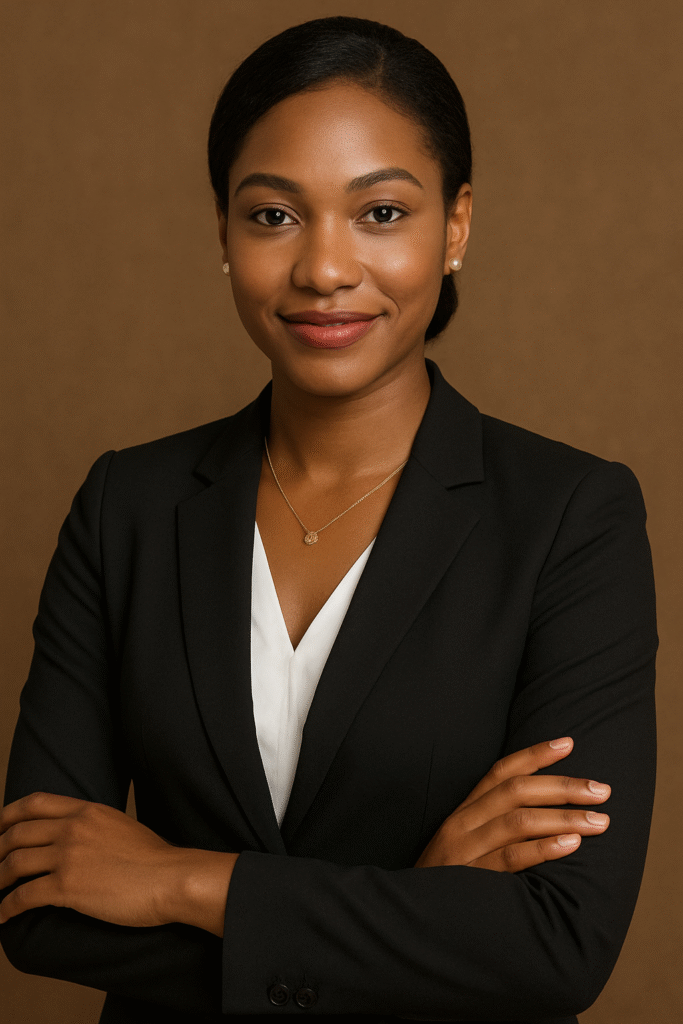 Professional woman wearing minimalist jewelry set for office in Accra