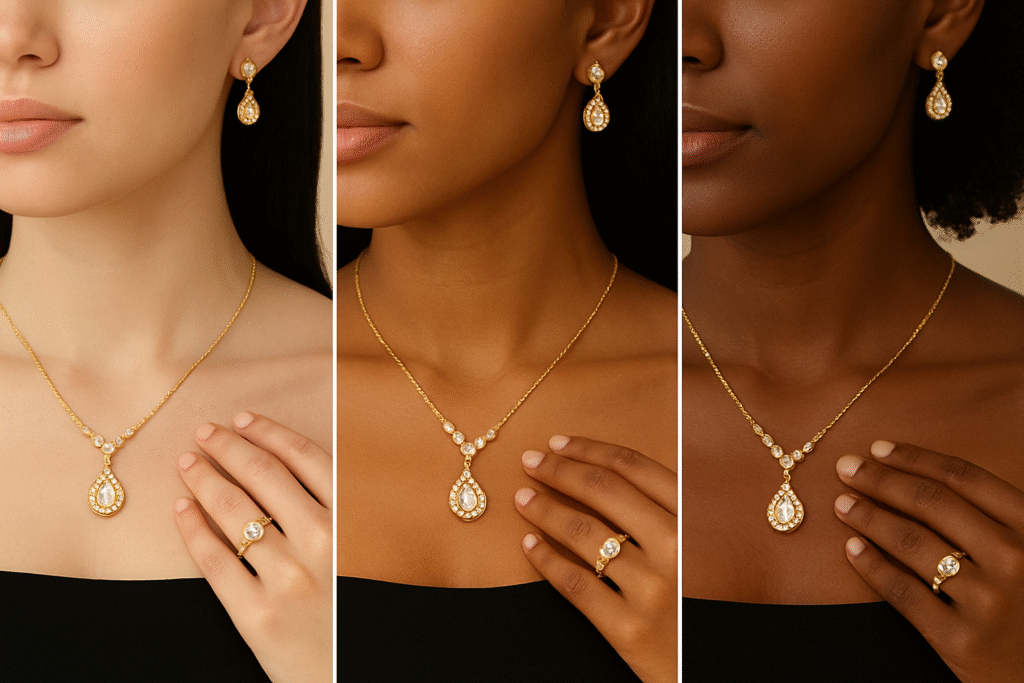 Jewelry sets on different skin tones showing best metal choices