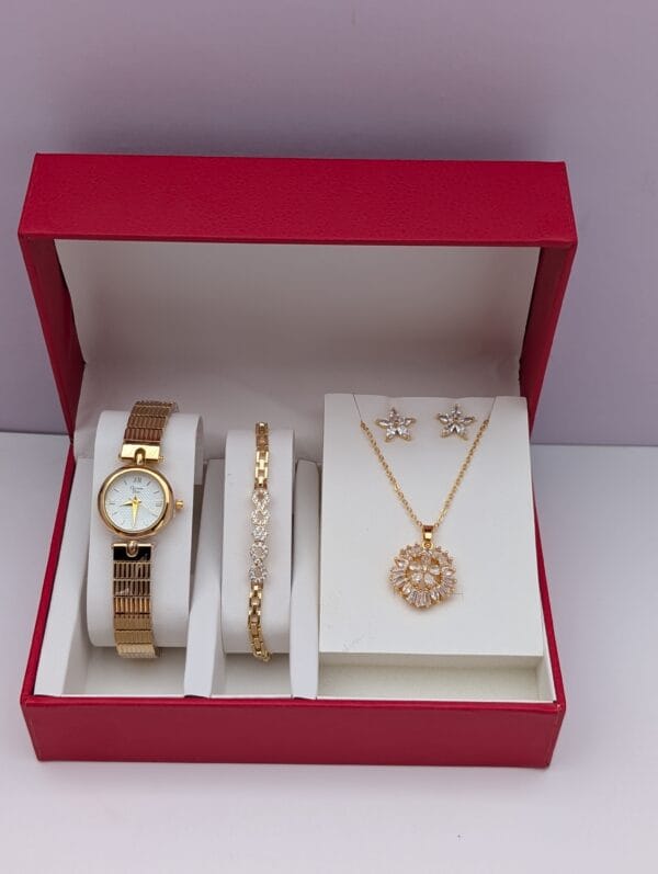 Vintage Gold Jewelry Set for Women - 4 Piece Antique-Style Watch Bracelet Necklace Earrings | Nansey Emporium Ghana