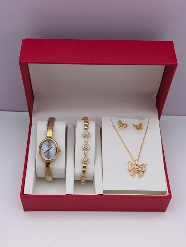 Gold Crystal Jewelry Set for Women - 4 Piece Sparkling Watch Bracelet Necklace Earrings | Nansey Emporium Ghana