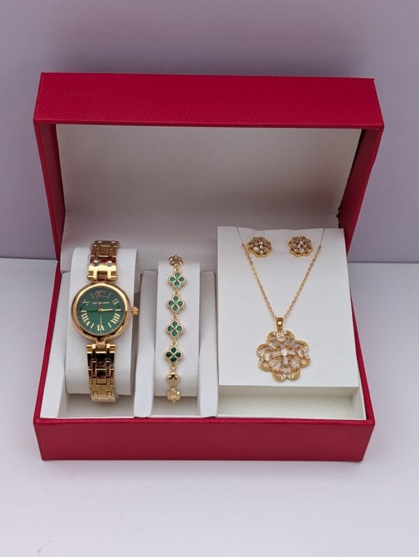 3-in-1 Ladies Gold Jewelry Set Green Dial - Watch Bracelet Necklace Earrings | Elegant Collection Ghana