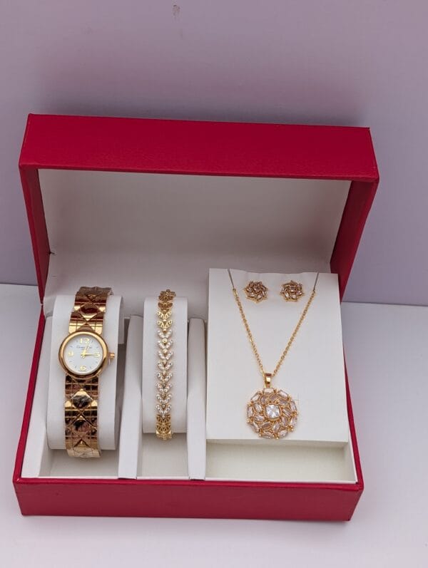 Gold Jewelry Set for Women - Elegant 3in1 Watch Bracelet Necklace Earrings Gift Set | Nansey Emporium Ghana