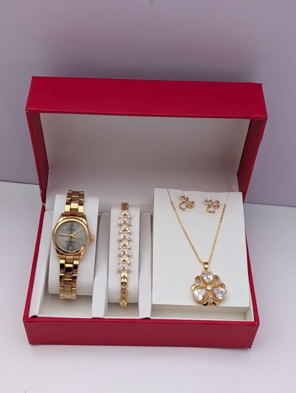 3-in-1 Ladies Gold Jewelry Set Classic - Watch Bracelet Necklace Earrings | Timeless Collection Ghana