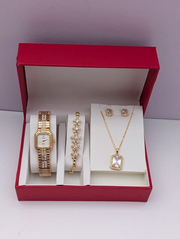 Serene Luxe Ladies 3-in-1 Jewelry Set – Elegant Gold Watch, Bracelet & Necklace with Earrings