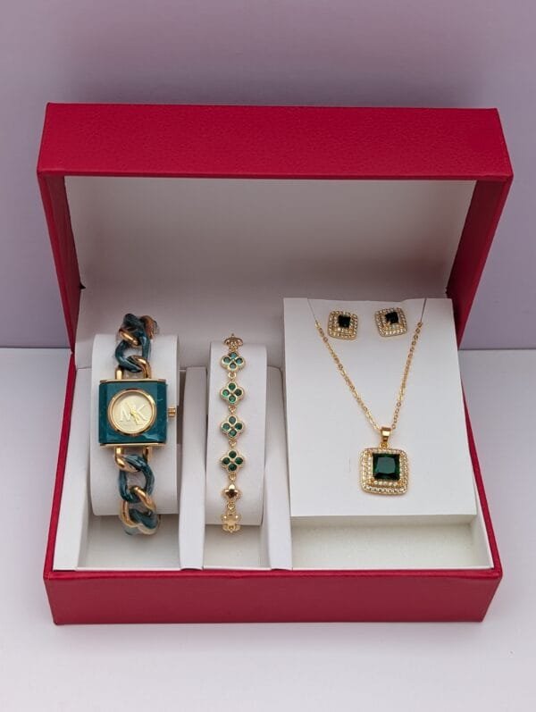 Ladies 3-in-1 Gold Green Jewelry Set Stunning Watch Bracelet Necklace Earrings Ghana