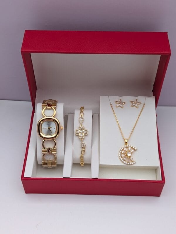 Gold 3 in 1 Ladies Set - Premium Jewelry Collection Watch Bracelet Necklace