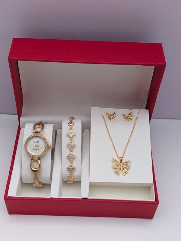 Elysian Glow Ladies 3-in-1 Jewelry Set – Stunning Gold Watch, Bracelet & Necklace with Earrings
