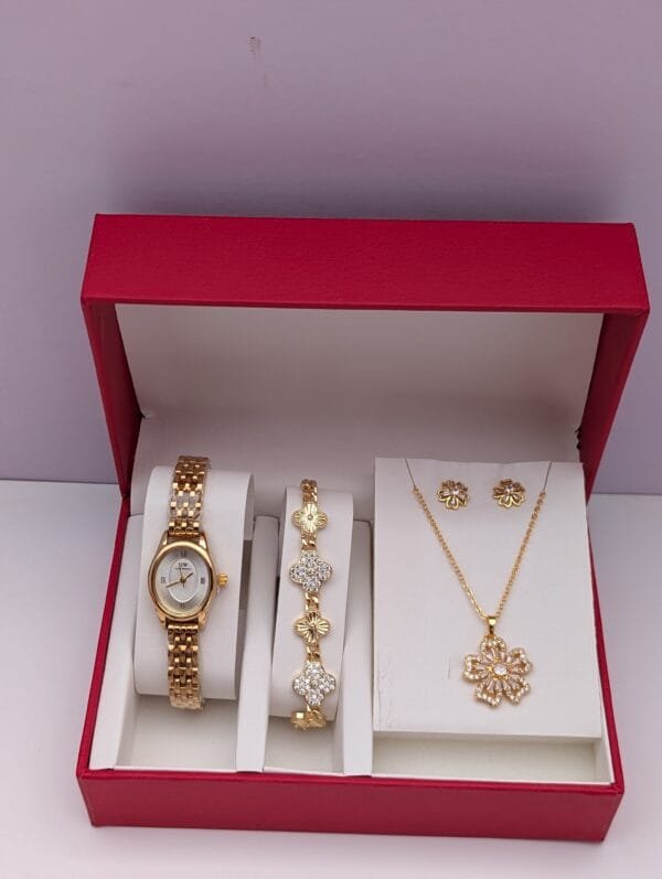 3 in 1 Gold Black Jewelry Set - Luxury 4 Piece Ladies Watch Bracelet Earrings Chain Collection Ghana