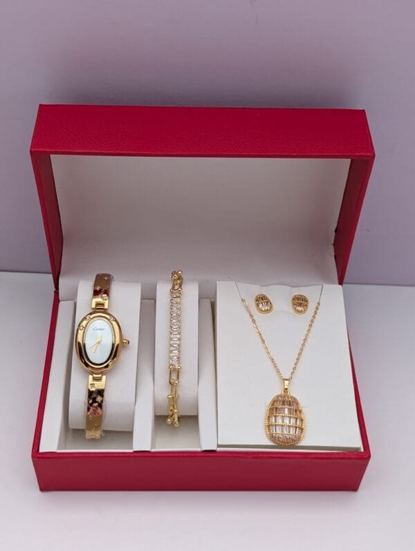 Gold Ladies Jewelry Set - 3 Piece Premium Collection Bracelet Necklace Earrings