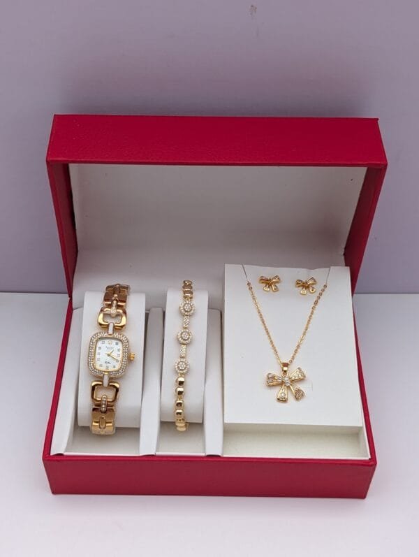 Gold Black Ladies Jewelry Set - 4 Piece Elegant Watch Bracelet Necklace Earrings Collection
