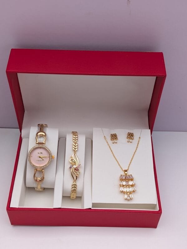 3-in-1 Ladies Gold Watch Set - Stunning Watch, Necklace, Bracelet & Earrings Collection