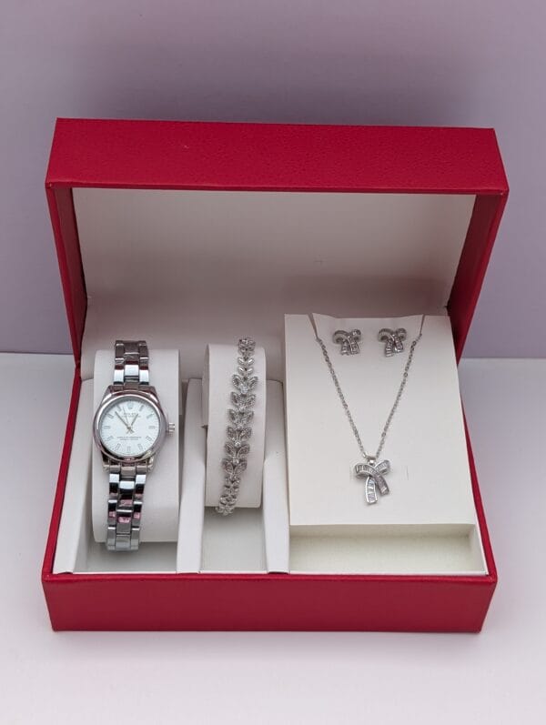 3-in-1 Ladies Silver Jewelry Set Modern - Watch Bracelet Necklace Earrings | Contemporary Collection Ghana