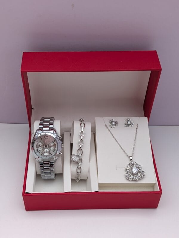 4-Piece Ladies Silver Jewelry Set Elegant - Watch Bracelet Necklace Earrings | Premium Collection Ghana