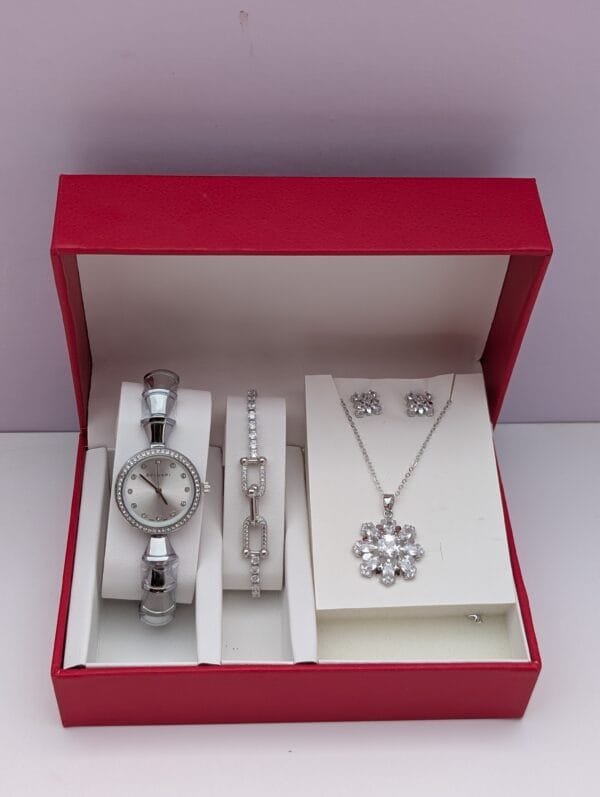 Dawnfire Elegance Ladies Silver 3-in-1 Jewelry Set with Pink Dial Watch – Bracelet, Earrings & Chain