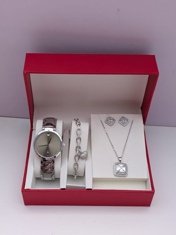 Silver Ladies Jewelry Set 3-in-1 Elegant Collection - Watch, Bracelet, Necklace & Earrings - Premium Fashion Accessories Ghana