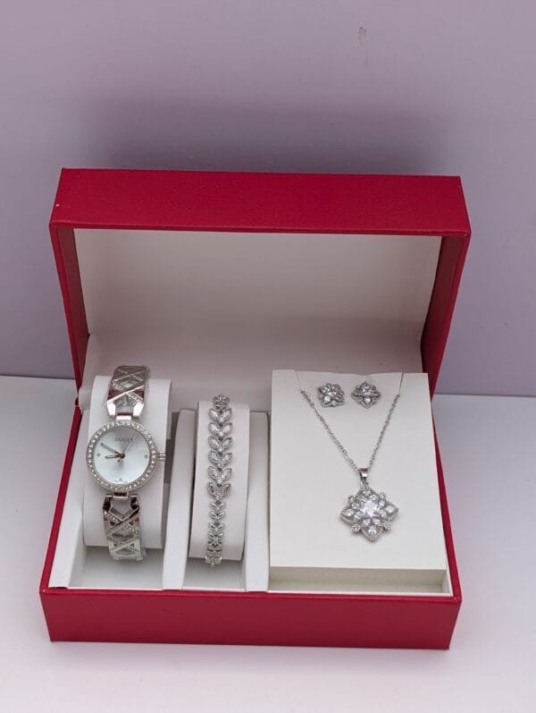 3 in 1 Silver Jewelry Set - Classic 4 Piece Ladies Watch Bracelet Earrings Chain Collection Ghana