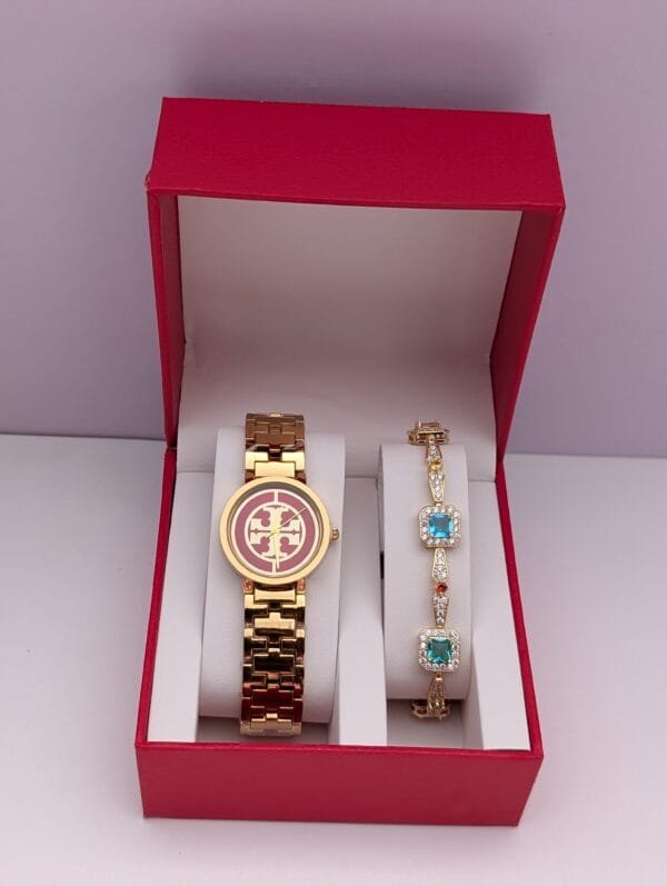 Golden Radiance Ladies 2-in-1 Jewelry Set – Gold Interior Watch & Matching Bracelet