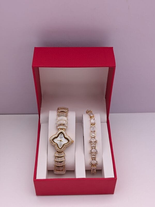 Radiant Elegance Gold Ladies 2-in-1 Jewelry Set – White Interior Watch & Gold Bracelet