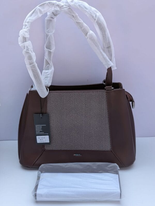 Women's structured handbag in coffee brown with herringbone textile panel and dual top handles — shop Pedra bags at Nansey Emporium Ghana