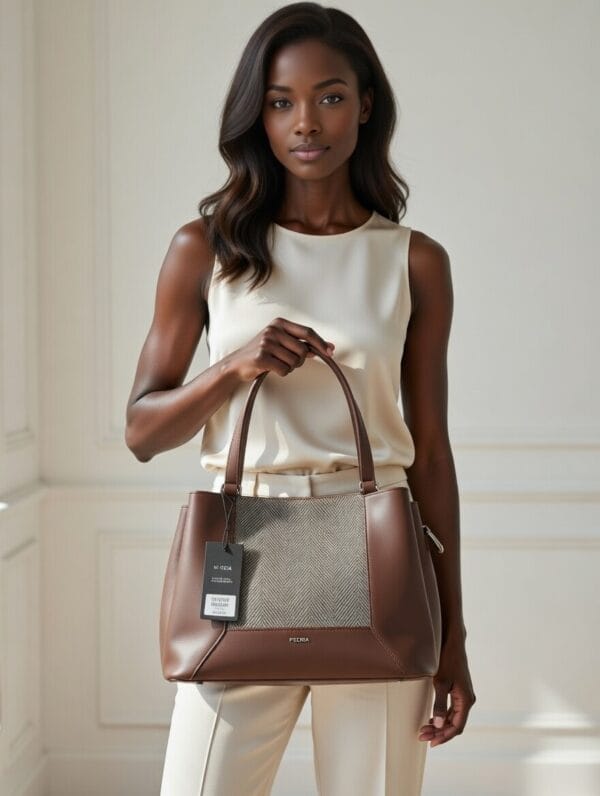 A model holding our Women's structured handbag in coffee brown with herringbone textile panel and dual top handles — shop Pedra bags at Nansey Emporium Ghana